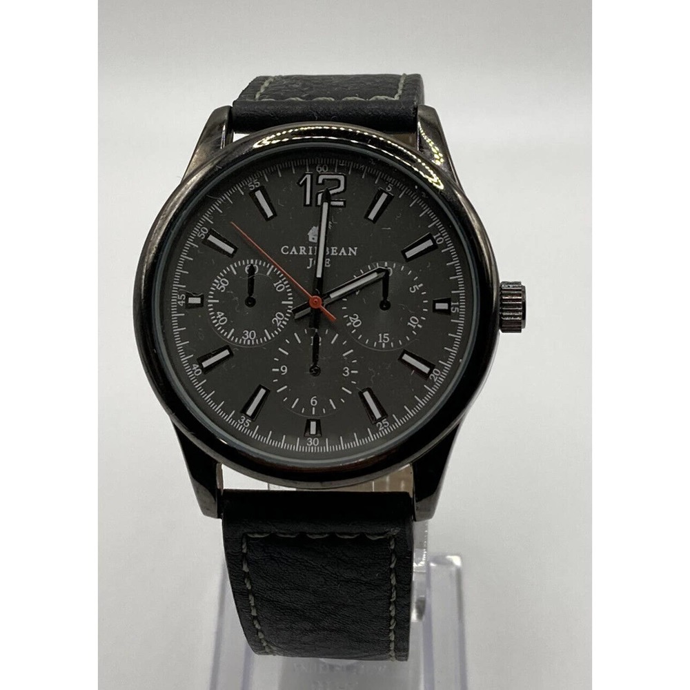 Caribbean Joe CJ7040GU Men’s Quartz Black Leather Strap Watch New Batt